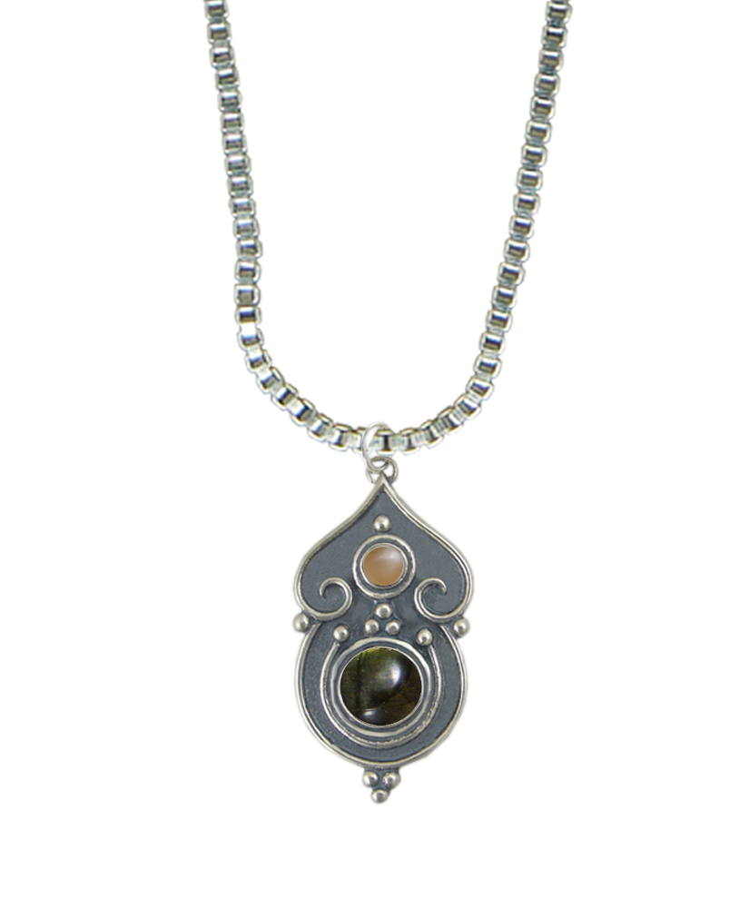 Sterling Silver Necklace Spectrolite And Peach Moonstone